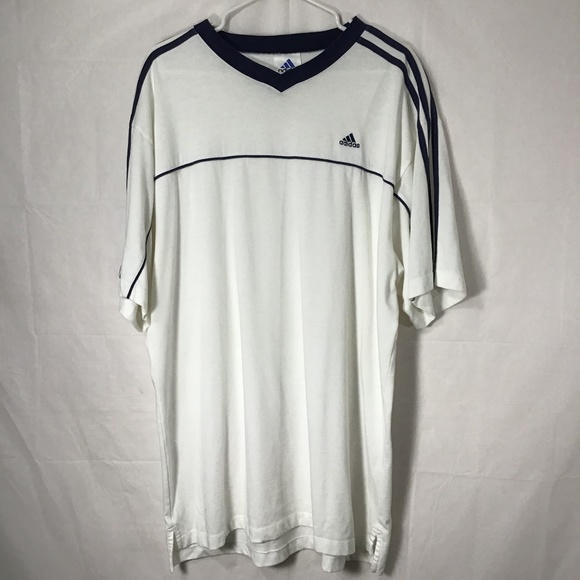 Adidas Vintage White Navy 3 Stripe Athletic Tee - Picture 3 of 6